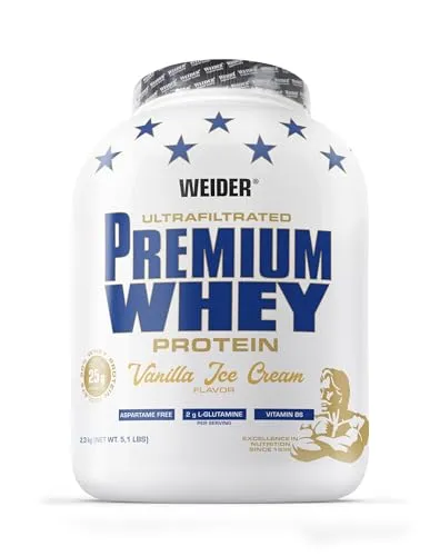 Weider Premium Whey 2300g - Vanilla Ice Cream - Sportnahrung mit 82% Eiweißgehalt, ideal für Aufbau- und Definitionsphasen. Enthält 2 g Glutamin pro Portion und ist aspartamfrei.