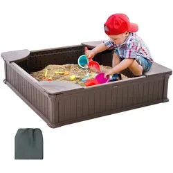 VEVOR Sandkasten mit Abdeckung, quadratischer Sandkasten, HDPE-Sandgrube mit 4 Ecksitzen & Bodenauskleidung, Kindersandkasten, Geschenk für Jungen und Mädchen im Alter von 3–12 Jahren, braun