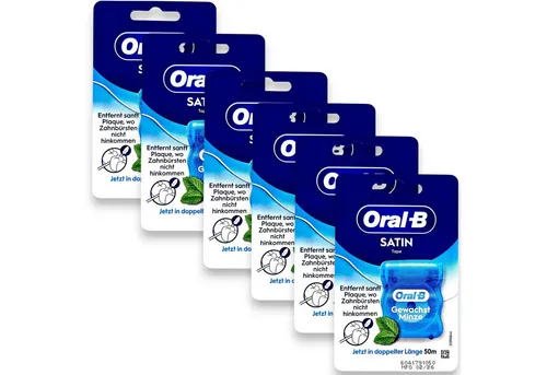 Oral-B SatinTape Zahnseide gewachst Minze 6x 50m - Praktische Zahnseide für eine gründliche Zahnreinigung. Die gewachste Oberfläche gleitet sanft zwischen den Zähnen und sorgt für ein frisches Mundgefühl.