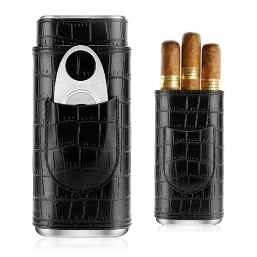 Aoreun Zigarrenetui, Tragbarer Reise Humidor Zigarren mit Zigarrenschneider, Zigarren Leder Schwarz Humidor Zu 3 Zigarren, Cigar Case Zigarrenzubehör Zigarren Geschenkset Reise Humidor für Männer