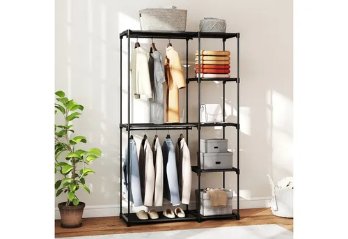 HOMCOM Stoffschrank mit Kleiderstange und Ablagen - Stoffschrank für Schlafzimmer und Ankleidezimmer, stabiler Stahlrahmen mit 120 kg Tragkraft, 2 Kleiderstangen und 6 Regalen sorgen für perfekte Ordnung und einfachen Zugriff auf Ihre Kleidung.