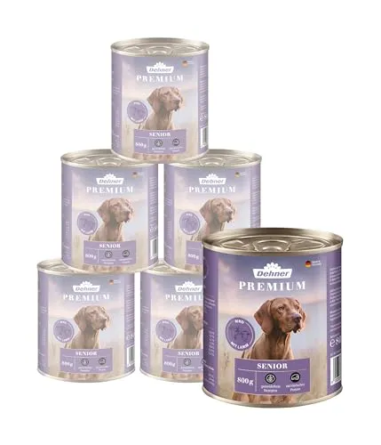 Dehner Premium Hundefutter, Nassfutter getreidefrei, für ältere Hunde, Rind / Lamm / Kartoffel, 6 x 800 g Dose (4.8 kg)