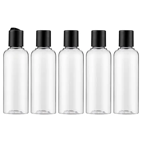 Livfa 100ml Leere Reiseflasche, Auslaufsicherer Behälter, Nachfüllbar Flaschen Mit Etikett für Shampoo, Lotion, Kosmetik (5 Stück, Transparent)