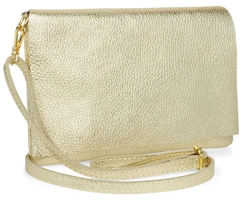 Caspar Stilvolle Leder Clutch Abendtasche Damen Umhängetasche mit verstellbarem Schultergurt - CLASSIC LINE - Modell No.839 - Made in Italy, Farbe:gold metallic
