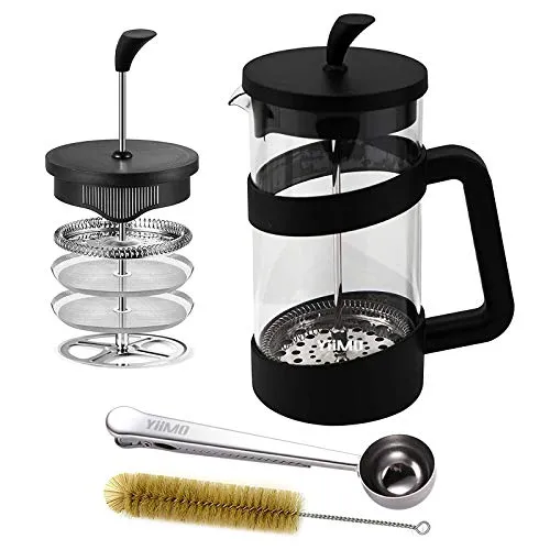 YiiMO French Press Kaffeebereiter 1 Litre, Hitzebeständiges Glas Kaffeepresse mit 4-stufigem Edelstahl Filters und Clip-Löffel für 8 Tassen Kaffee oder Tee inkl. Reinigungsbürsten