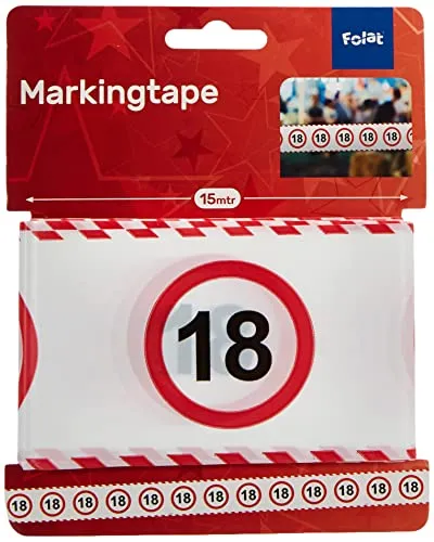 Folat SCH-5422 Party-Absperrband VERKEHRSSCHILD 18, 15m, Rot / Weiß