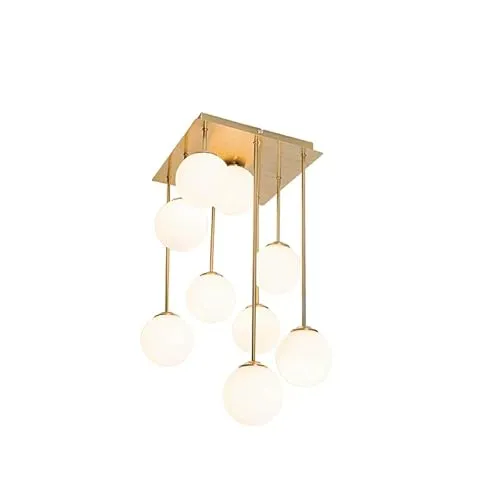 Qazqa Moderne Deckenleuchte - 9-flammige Gold-Messing Lampe mit Opalglas - Elegante Deckenlampe für stilvolle Innenräume. Ideal für Wohnzimmer, Schlafzimmer und Büros. Dimmbar (Dimmer nicht enthalten) und modern im Design.
