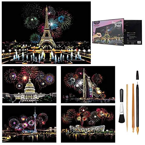 jiuhao Kratzkunst für Erwachsene, Krepppapier-Kunst für Erwachsene, Regenbogen-Malerei, Skizze, Kratzbrett-Kunst für Erwachsene und Kinder, mit 4 Werkzeugen (Feuerwerk)