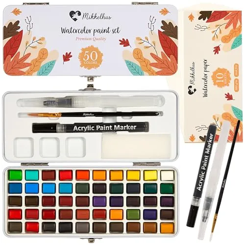 Mikkelhus Aquarellfarben Set – 50 Farben in Metallbox mit Pinsel & Aquarellpapier | Wasserfarben Malset für Reisen, Anfänger & Künstler