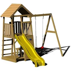 Wendi Toys Spielturm Pelikan, Gelb, Braun - Spielplatz für Zuhause: Hochwertiger Spielturm aus FSC®-zertifiziertem Kiefernholz mit Kletterwand, Rutsche und Schaukel – ideal für Kinder ab 4 Jahren und garantiert sicher dank EN71-Zertifizierung.