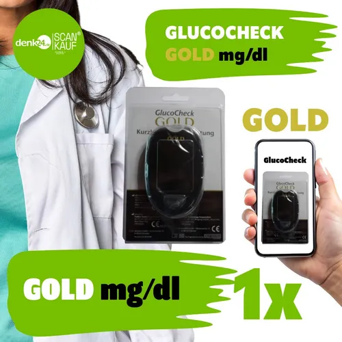 GlucoCheck GOLD Blutzuckermessgerät-Set (mg/dl) mit 10 Blutzuckerteststreifen, 10 Lanzetten, 1 Stechhilfe, 1 Etui