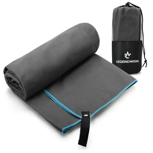 Legendwerk® Mikrofaser-Handtuch GRAU 160x80 cm – schnelltrocknend & platzsparend – Reisehandtuch für Fitness, City-Trip, Gym & Outdoor – leicht, stylisch, mit Tasche & Aufhängung
