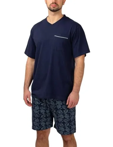 Moonline Herren Baumwolle Shorty Schlafanzug Navy-Dark, Größe L - Bequemer Herren Schlafanzug aus 100% Baumwolle für optimalen Tragekomfort. Ideal zum Schlafen oder als Homewear. Erhältlich in mehreren Designs und Größen.