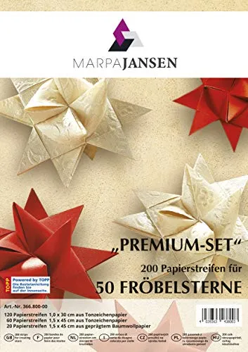 MarpaJansen Fröbelsterne Premium-Set (200 Streifen, 1 x 30 cm & 1,5 x 45 cm), Naturpapier, farblich passend zu Weihnachten