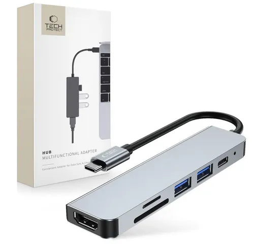 TECH PROTECT V4 6in1 USB-C Hub mit HDMI und Kartenleser in Grau - Vielseitiger USB-Adapter mit 6 Funktionen, ideal für den einfachen Anschluss von Geräten und schnellen Datentransfer. Kompakt und benutzerfreundlich.