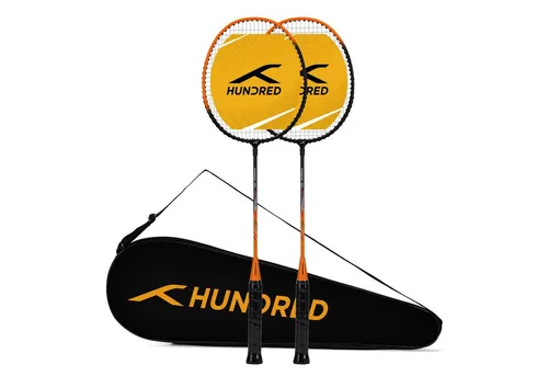 HUNDRED Powertek 100 Badminton Schläger Set (2 Stück) - Badmintonschläger Set für Intermediate Spieler, mit leichtem Aluminiumrahmen und isometrischer Kopfform für verbesserte Schussgenauigkeit und großen Sweet Spot.