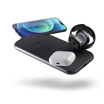 Zens Dual+Watch Induktions-Ladegerät - Induktive Ladestation für 4 Geräte, inklusive 45W Netzteil und Apple Watch Modul für komfortables Laden am Schreibtisch.