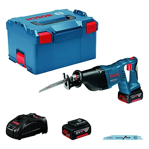 Bosch Säbelsäge GSA 18 V-LI - Akku 18V 5Ah, Schnittleistung 250mm, inklusive 2 Akkus und Koffer, werkzeugloser Sägeblattwechsel für einfache Handhabung