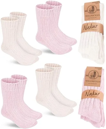 BRUBAKER 4 Paar Wollsocken - Warme Wintersocken für Damen und Herren - Flauschiges Thermosocken Set mit Schafwolle - Winter Socken - Rosa und Beige - Größe 35-38