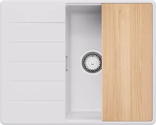 PRIMAGRAN Spülbecken Weiß 62x50cm, Granitspüle 1 Becken + Ablauf-Set + Schneidebrett, Küchenspüle ab 45er Unterschrank - Kopenhagen S211