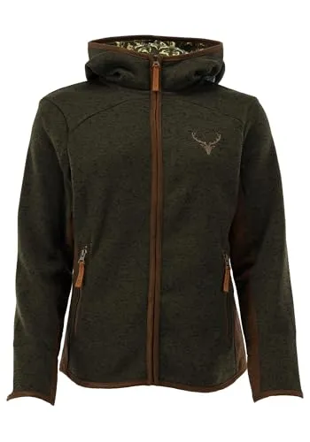 OS Trachten Damen Hooded Strickfleece Jacke oliv, Größe 46 - Funktionsjacke für Outdoor-Aktivitäten, taillierter Schnitt mit Kapuze und hochwertiger Kunstlederapplikation für Stil und Schutz vor Wind und Kälte.