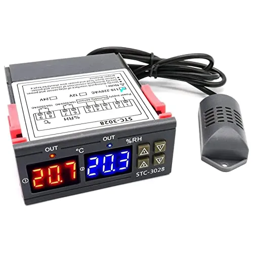 RUIZHI STC-3028 Digitaler Temperatur Feuchtigkeitsregler Thermostat mit Temperatur Feuchtigkeitssensor Sonde 10A Heizung Kühlung Befeuchten Entfeuchten Feuchtigkeitsregler (110-220 V)