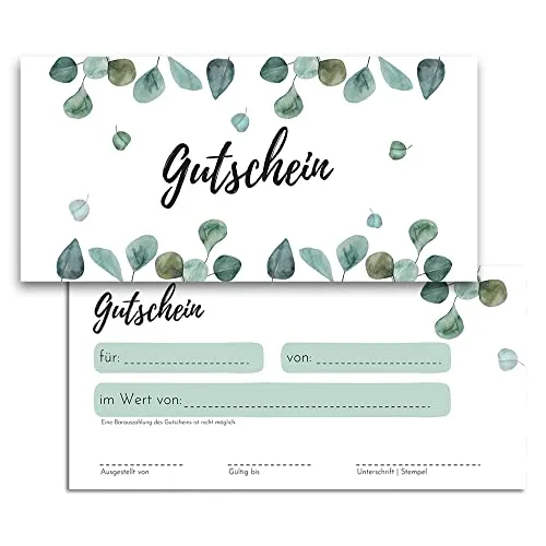 Blanko Gutscheine zum selber Ausfüllen - Hochwertige Gutscheinkarten für Unternehmen, Firmen & Gastronomie (50x Stück, Eukalyptus)
