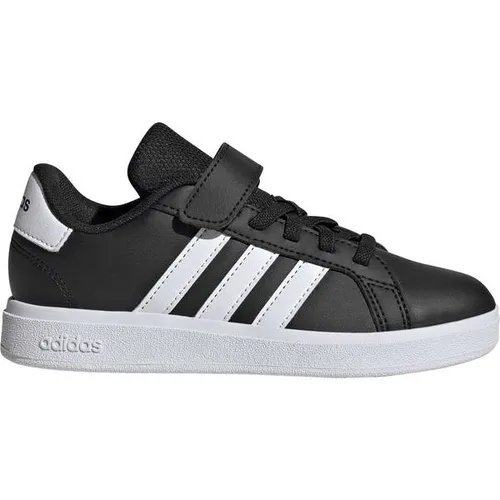 ADIDAS Grand Court Kinder Sneaker - Schwarz/Weiß - Robuste ADIDAS Kinder Sneaker aus Synthetik mit Gummisohle für optimale Bodenhaftung und einem stylischen Look. Mit Klettverschluss für einfaches An- und Ausziehen, ideal für den Alltag.