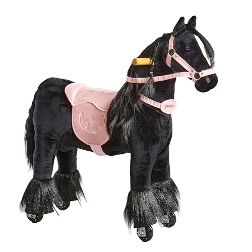 PONNIE Reitpferd mit Rollen Ebony S (3-6 Jahre), Spielpferd zum Reiten mit Abnehmbarer Rosa Sattel und Halfter mit Zaumzeug, Kämmbare Mähne und Schwanz, Plüschpferd zum Reiten für Kinder