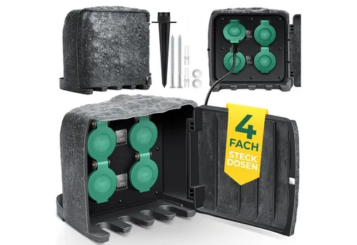 KESSER Gartensteckdose Steinoptik - 4 Steckplätze mit 3m Kabel, IP44 wasserdicht und Dämmerungssensor für flexiblen Einsatz im Garten
