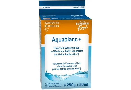 SUMMER FUN Poolpflege Aquablanc+ Set - 50 ml & 4x50 g - Chlorfreie Wasserpflege für Pools von 3.000 bis 6.000 Litern, sorgt für klares Wasser und einfache Anwendung mit vorgefertigten Dosierungen.