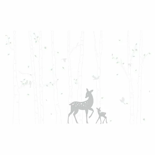 Wandtattoo Birkenstämme WEISS mit Reh und Kitz - Wandsticker für Baby- & Kleinkinderzimmer, konturgeschnitten und seidenmatt, ideal für kreative Raumgestaltungen mit einfacher Anbringung auf glatten Oberflächen.