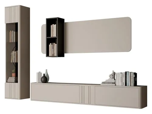 Mirjan24 Wohnwand Poksin II, Modernes Wohnzimmer Set, Anbauwand, Griffloses Öffnungssystem, Vitrine, TV Lowboard (Cashmere/Schwarz)