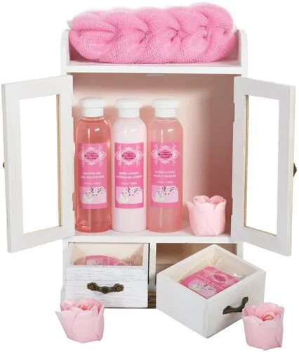 BRUBAKER Hautreinigungs-Set Bade- und Dusch Set, Badeset mit Kirsch Duft, Pflegeset, 10-tlg., Frauen Geschenkset im Vintage-Schränkchen, reinigend und pflegend