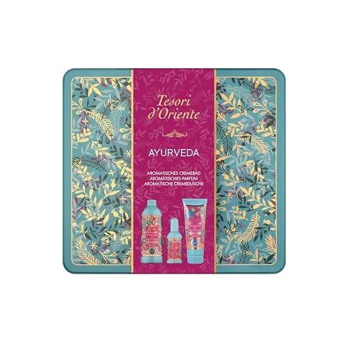 TESORI D'ORIENTE Ayurveda Geschenkset - Körperpflegeset in eleganter Metallbox mit Cremedusche, EDT und Cremebad, angereichert mit Amla-Extrakt und Aloe vera für ein entspannendes Wellness-Erlebnis.