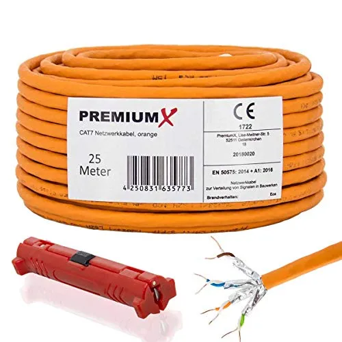 Premium X 25m CAT 7 Netzwerkkabel - Hochgeschwindigkeits S/FTP LAN-Kabel für professionelle Anwendungen, 10 Gigabit Kupferkabel, halogenfrei und flammwidrig, ideal für strukturierte Verkabelung in Büros und Zuhause.