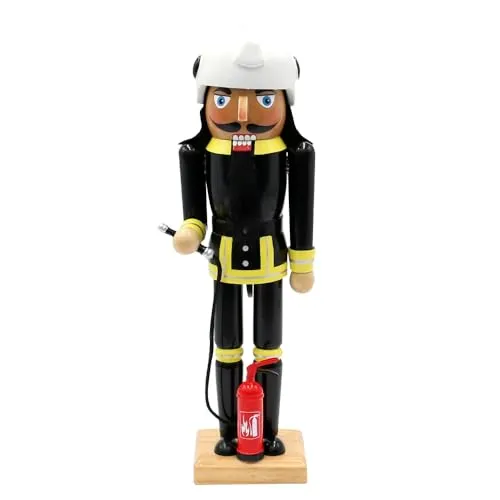 Dekohelden24 Holz Nussknacker Feuerwehrmann mit Feuerlöscher