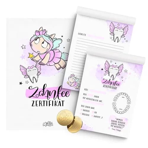 Zahnfee Bundle – 2 DIN A5 Blöcke Zahnfee-Urkunde und Brief an Zahnfee + 2 limitierte goldene Münzen I Zahnfee Geschenk Mädchen & Junge I Zertifikat