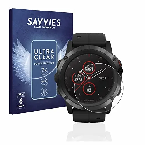 Savvies 6 Stück Schutzfolie für Garmin Fenix 5X Plus (51 mm) Displayschutz-Folie Ultra-Transparent