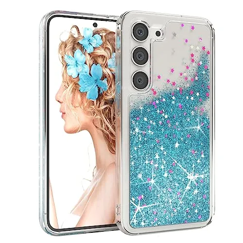 EAZY CASE Hülle kompatibel mit Samsung Galaxy S23 Schutzhülle mit Flüssig-Glitzer, Handyhülle, Schutzhülle, Back Cover mit Glitter Flüssigkeit, TPU/Silikon, Transparent/Durchsichtig, Blau