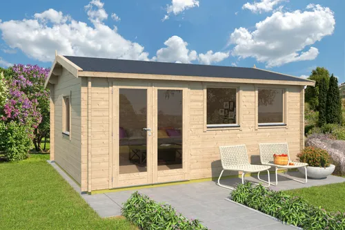 Fjordholz Gartenhaus Modell Davos 70 A - Robustes Gartenhaus aus 70mm nordischer Fichte mit stabiler Dachkonstruktion, ideal für hohe Schnee- und Windlasten. Inklusive hochwertiger Doppeltür und Isolierglasfenstern für optimalen Komfort.