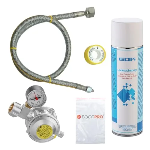 BOGAPRO GOK Herd Anschluss Set Pro, mit Kontrollmanometer, Absperreinrichtung, 150 cm Gasschlauch und Teflonband, 30 mBar Betriebsdruck, inkl. Lecksuchspray und Polybeutel