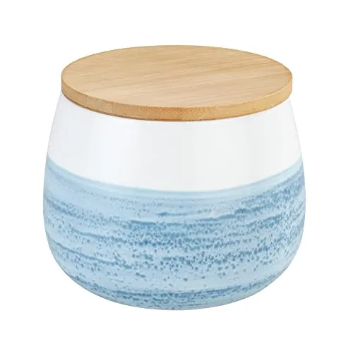 WENKO Aufbewahrungsdose Mala 0,7 L, hochwertige Keramikdose in Weiß mit Aquarell-Dekor in Blau, FSC zertifizierter Bambusdeckel mit Silikonring zur luftdichten Aufbewahrung, 13 x 10,5 cm