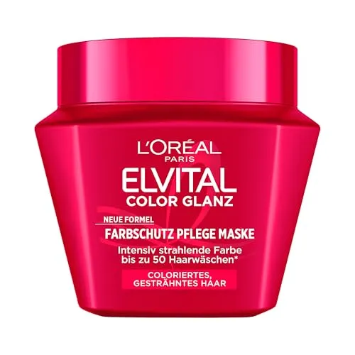L'Oréal Paris Elvital Color Glanz Farbschutz Pflege Maske, Neue Formel, für intensiv strahlende Farbe, bis zu 50 Haarwäschen, schützt die Haarfarbe, speziell für coloriertes, gesträhntes Haar, 1x300ml