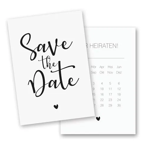 younikat 15 Postkarten Save the Date I DIN A6 I Herz I Set Hochzeit Wedding Einladungs-Karten I schwarz-weiß elegant Kalendarium I dv1281