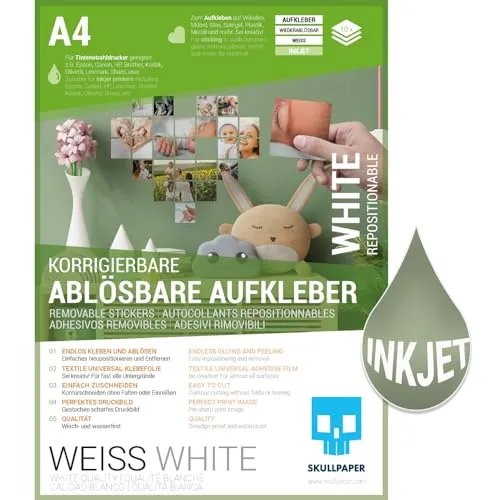 SKULLPAPER® Ablösbare Aufkleber Folie - Bedruckbar, Beschreibbar, Bemalbar, Bestempelbar - für Inkjet Tintenstrahldrucker (A4-10 Blatt)