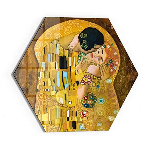 DEQORI Glasbild Echtglas | Motiv Der Kuss von Gustav Klimt | sechseckig einteilig 40x34,5 cm | schöne Dekoration | Wandbild für Wohnzimmer, Schlafzimmer, Flur & Küche | moderne Wanddeko
