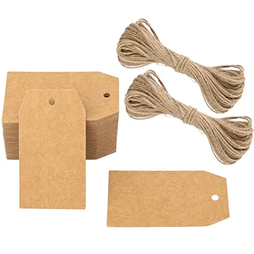 G2PLUS 100Stk Geschenkanhänger Kraftpapier Anhänger Etiketten Tags 4x7CM Anhänger Etiketten mit Jute-Schnur für Handmade,Hochzeit Geschenk Weihnachten -Braun