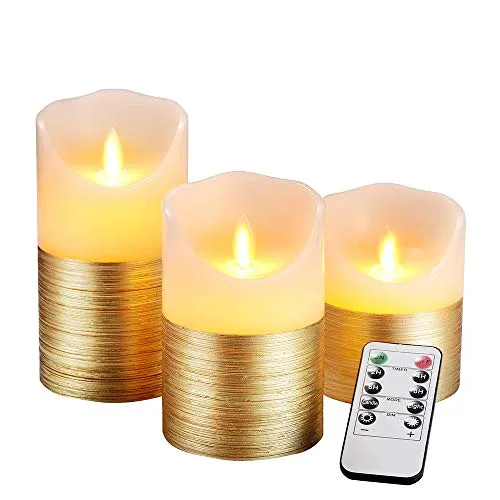 AnnSpa 3 Set Gold LED Kerzen Batteriebetriebene mit 10-Tasten-Fernbedienung und Radfahren 24-Stunden-Timer,Flammenlose Echtes Wachs Flackern Moving Wick Flackern Amber Yellow Light Pillar Candles