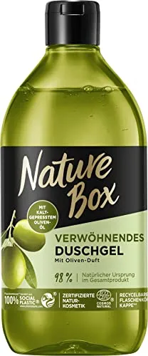Nature Box Duschgel (385 ml), verwöhnend mit Oliven-Duft, vegane und ph-hautneutrale Formel mit kaltgepresstem Oliven-Öl, Naturkosmetik zertifiziert